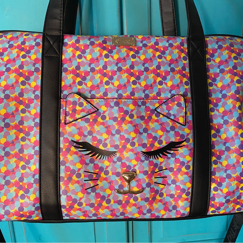 Betsey Johnson Weekender Bag Kitty Cat Faux Leather NWOT multicolor Duffel Bag